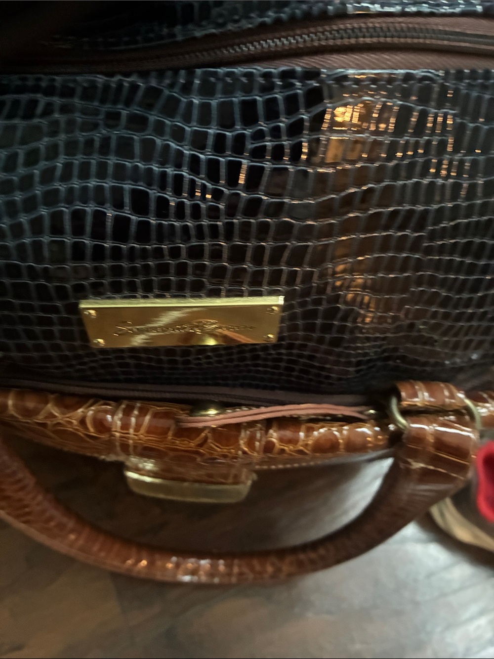 Croc-Embossed Black and Brown Women's Satchel with Gold Plate